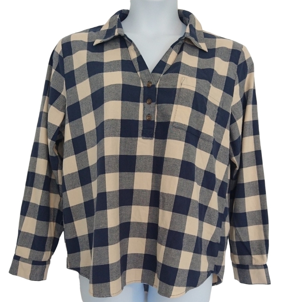 Market & Spruce Navy Blue Cream Plaid Henley Long Sleeve Top Cabincore
